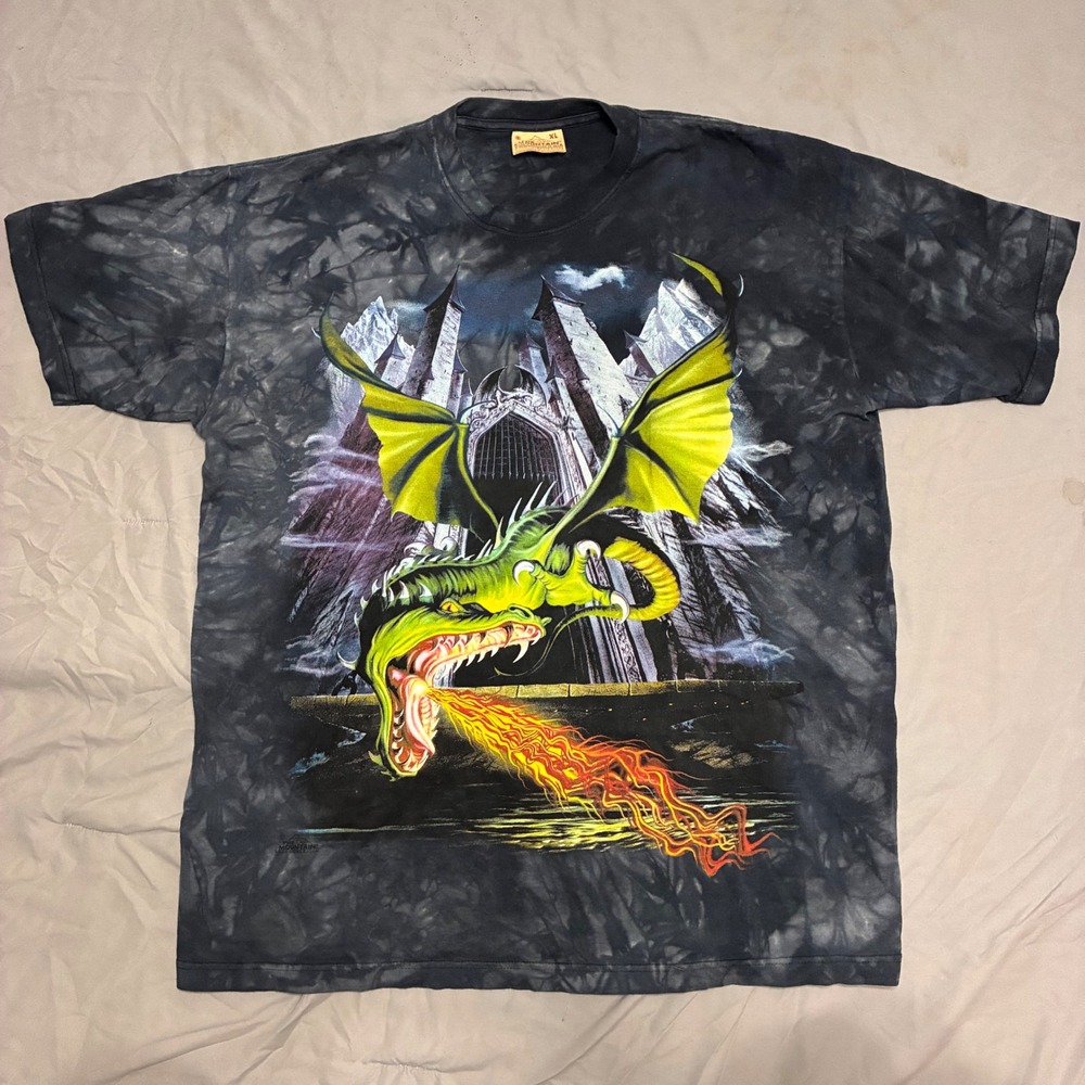 The Mountain Dragon Castle Tie Dye Graphic T-Shirt XL Black Grey Fantasy Tee